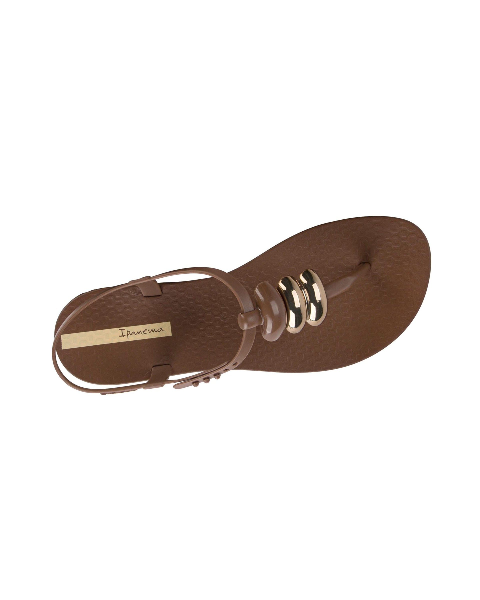 Top view of a brown Ipanema Class women's sandal with 3 bubble baubles on the t-strap.