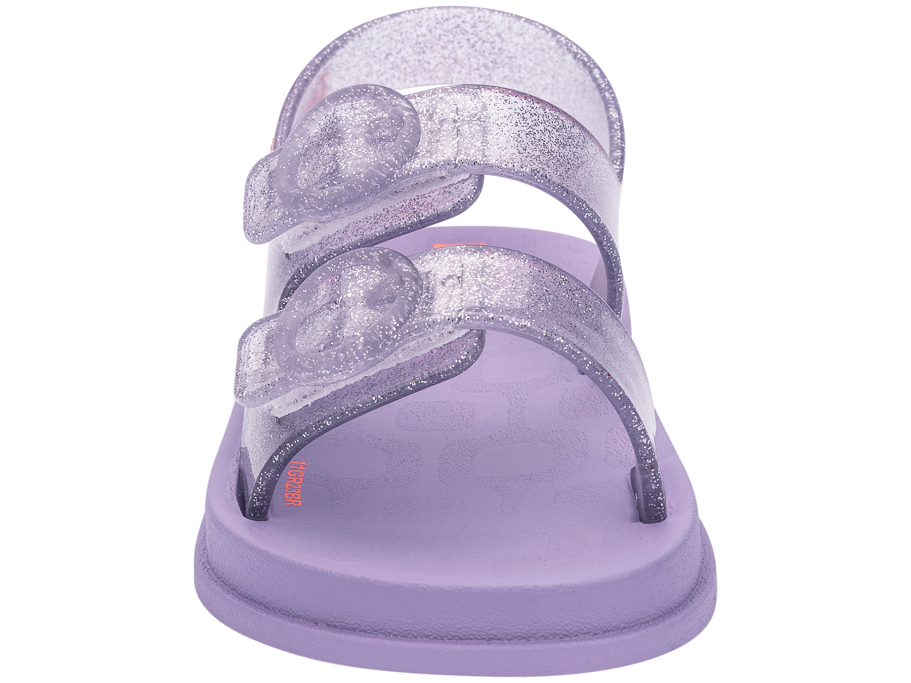 Front view of a purple Ipanema Follow baby sandal with two decorative buckles on the upper.