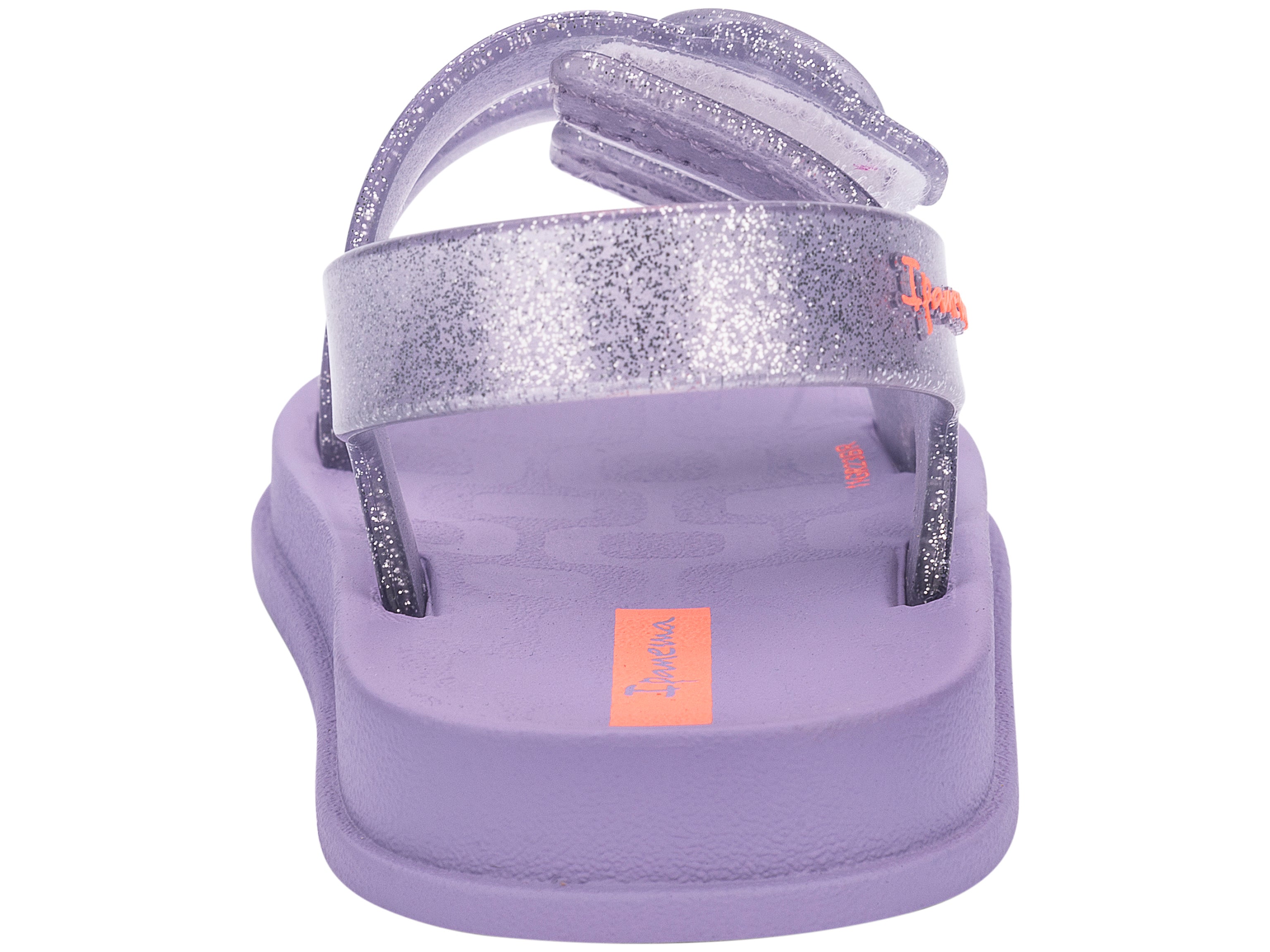 Back view of a purple Ipanema Follow baby sandal with two decorative buckles on the upper.