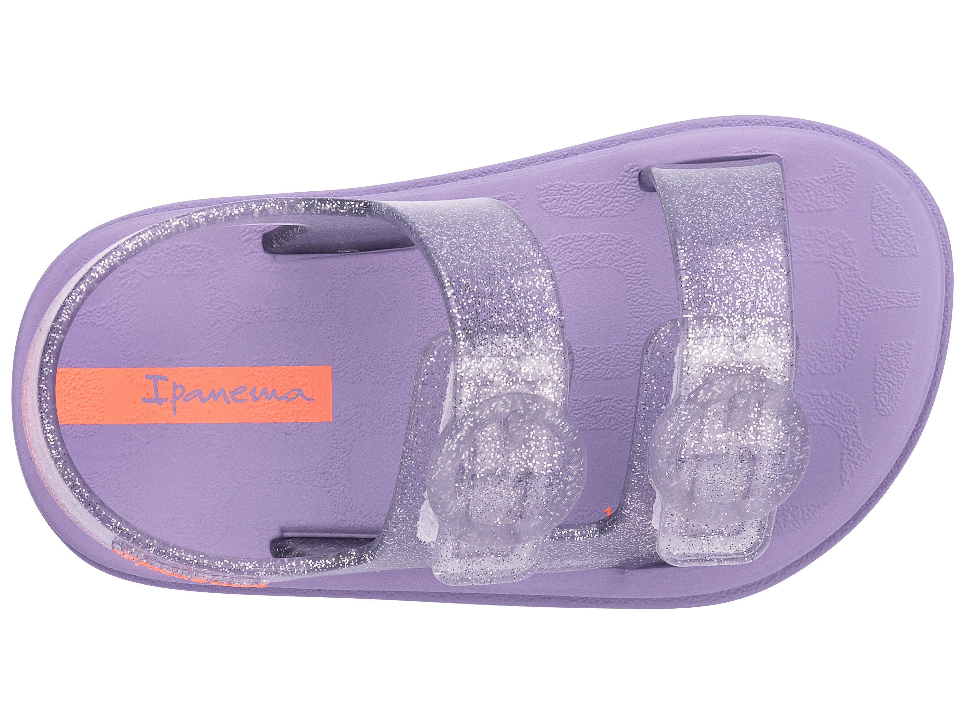 Top view of a purple Ipanema Follow baby sandal with two decorative buckles on the upper.